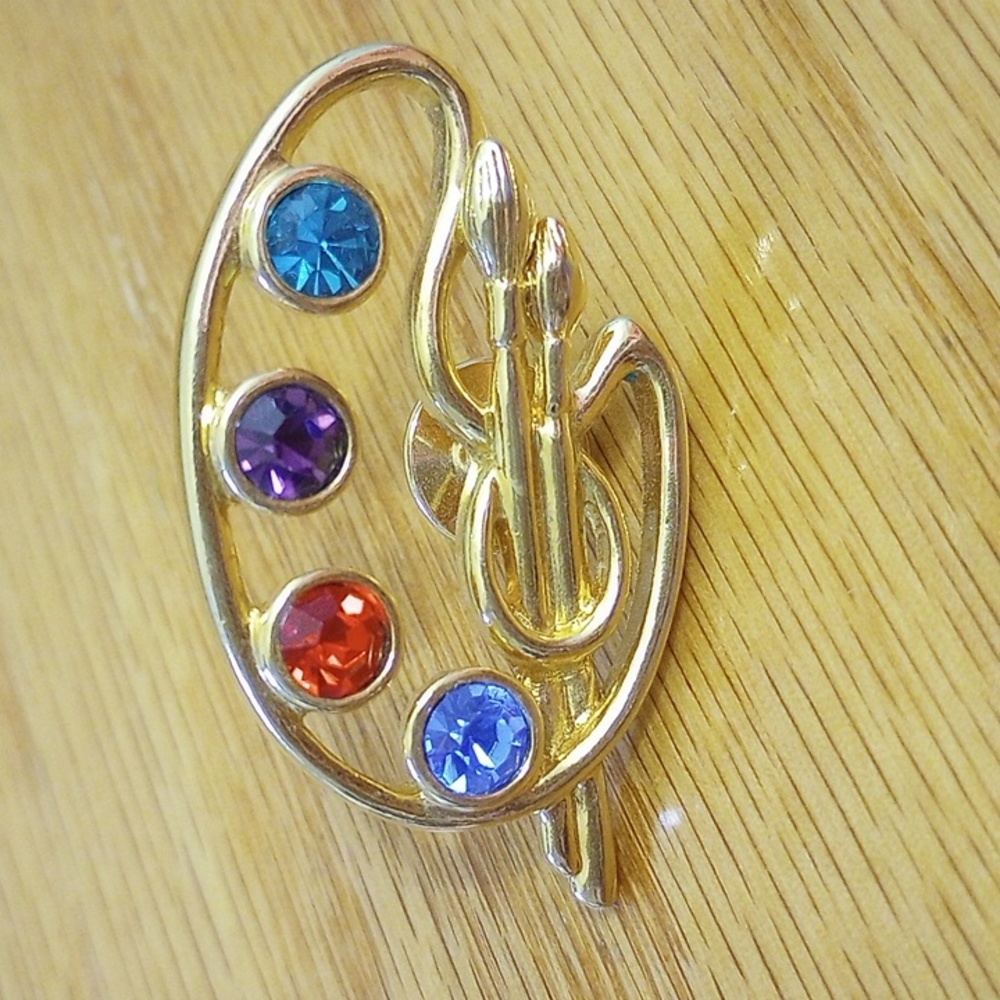 Vintage Avon Artist's Paint Palette Brushes 4 Rhinestones Gold Tone Brooch Pin